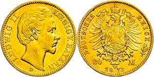 Bayern 20 Mark, 1873, Ludwig II., kl. Rf., ... 