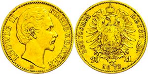 Bayern 20 Mark, 1872, Ludwig II., kl. Rf.,, ... 