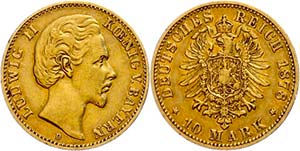 Bayern 10 Mark, 1878, Ludwig II., kl. Rf., ... 