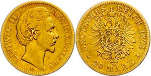 Bavaria 20 Mark, 1874, Ludwig II., edge ... 