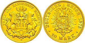 Hamburg 10 Mark, 1875, ss., Katalog: J.209 ss