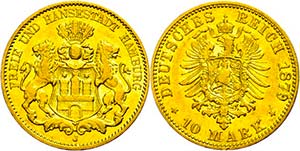 Hamburg 10 Mark, 1879, kl. Rf., ss., ... 