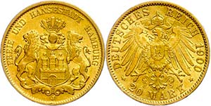 Hamburg 20 Mark, 1900, Stadtwappen, ss-vz., ... 