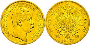Hessen 10 Mark, 1872, Ludwig III., kl. Rf., ... 