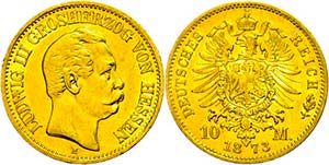 Hessen 10 Mark, 1873, Ludwig III., wz. Rf., ... 