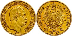 Hesse 10 Mark, 1872, Ludwig III., very ... 
