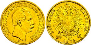 Hessen 20 Mark, 1872, Ludwig III., kl. Rf. ... 