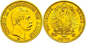 Hessen 20 Mark, 1873, Ludwig III., wz. Rf., ... 