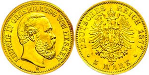 Hessen 5 Mark, 1877, Ludwig IV., Rand ... 