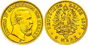 Hesse 5 Mark, 1877, Ludwig IV., small edge ... 