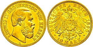 Hessen 10 Mark, 1890, Ludwig IV., ss., ... 