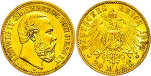 Hessen 20 Mark, 1892, Ludwig IV., Kratzer, ... 