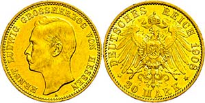 Hessen 20 Mark, 1908, Ernst Ludwig, kl. Rf., ... 