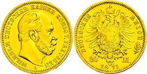 Prussia 20 Mark, 1871, A, Wilhelm I., small ... 
