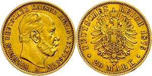 Preußen Goldmünzen 20 Mark, 1875, Mzz A, ... 