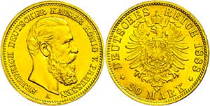 Prussia 20 Mark, 1888, Friedrich III., tiny ... 