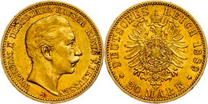 Prussia 20 Mark, 1889, Wilhelm II., small ... 
