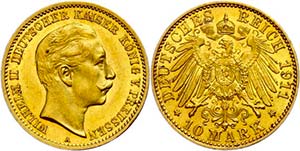 Prussia 10 Mark, 1911, Wilhelm II., minimum ... 