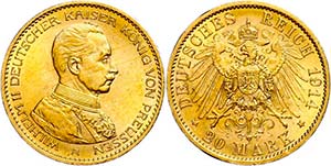 Prussia 20 Mark, 1914, Wilhelm II. In guard ... 