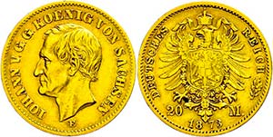 Saxony 20 Mark, 1873, Johann, tiny edge ... 