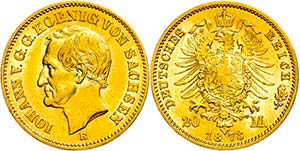 Saxony 20 Mark, 1873, Johann, very fine+., ... 