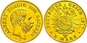 Saxony 5 Mark, 1877, Albert, very fine to ... 