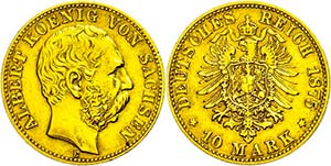 Sachsen 10 Mark, 1875, Albert, kl. Rf., ss., ... 