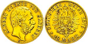 Saxony 10 Mark, 1875, Albert, very fine., ... 