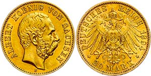 Saxony 20 Mark, 1894, Albert, extremly fine, ... 
