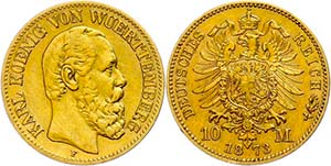 Württemberg 10 Mark, 1873, Mzz F, Karl, ss, ... 