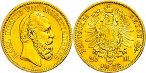 Württemberg 20 Mark, 1873, Karl, tiny edge ... 