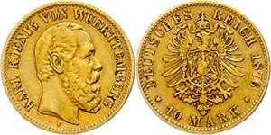 Württemberg 10 Mark, 1876, Karl, kl. Rf., ... 