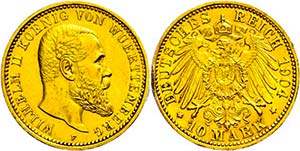 Württemberg 10 Mark, 1904, Wilhelm II., kl. ... 