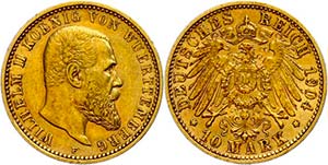 Württemberg 10 Mark, 1904, Wilhelm II., ss, ... 