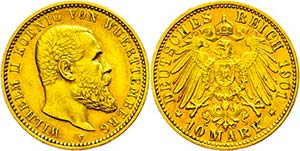 Württemberg 10 Mark, 1907, Wilhelm II., ... 