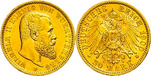 Württemberg 20 Mark, 1900, Wilhelm II., wz. ... 