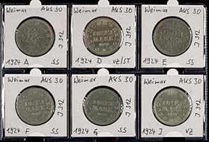 Münzen Weimar 6 x 3 Mark, 1924, A, D, E, F, ... 