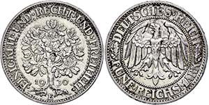 Coins Weimar Republic 5 Reichmark, 1930, E, ... 