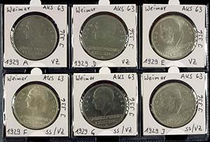 Coins Weimar Republic 6 x 5 Reichmark, 1929, ... 