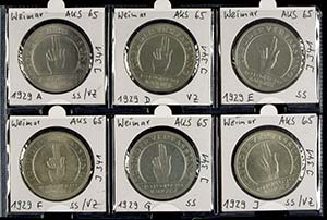 Coins Weimar Republic 6 x 5 Reichmark, 1929, ... 