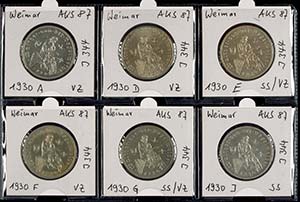 Coins Weimar Republic 6 x 3 Reichmark, 1930, ... 