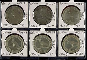 Coins Weimar Republic 6 x 5 Reichmark, 1930, ... 