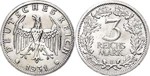 Coins Weimar Republic 3 Reichmark, 1931, E, ... 