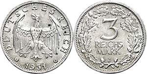 Münzen Weimar 3 Reichsmark, 1931, J, kl. ... 