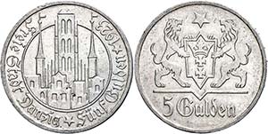 Coins German Areas Gdansk, 5 Guilder, 1923, ... 