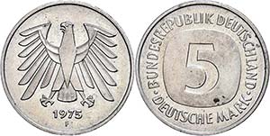 Münzen Bund ab 1946 5 Mark, 1975, F, ohne ... 