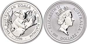 Australien 100 Dollars, Platin, 1998, Koala, ... 