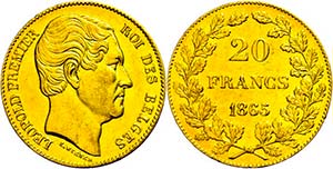 Belgien 20 Francs, Gold, 1865, Leopold I., ... 