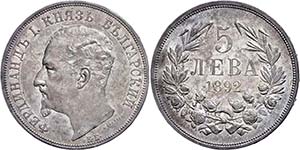 Bulgaria 5 levs 1892 KB, Ferdinand I. ... 