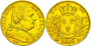 France 20 Franc, Gold, 1814, louis XVIII, A ... 